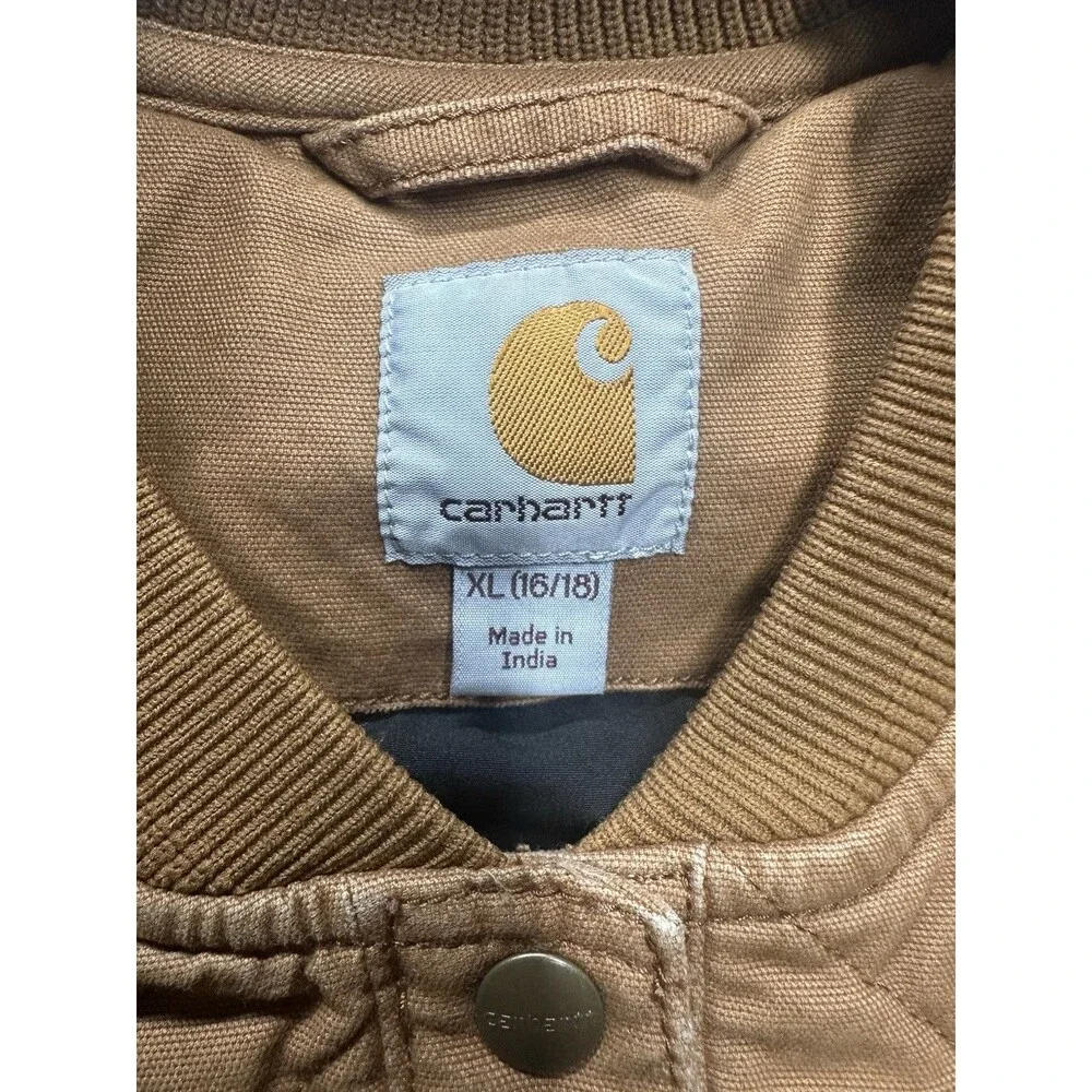 Carhartt Brown Boys Quilt Lined Canvas Snap Front Vest Logo Size XL (16/18)